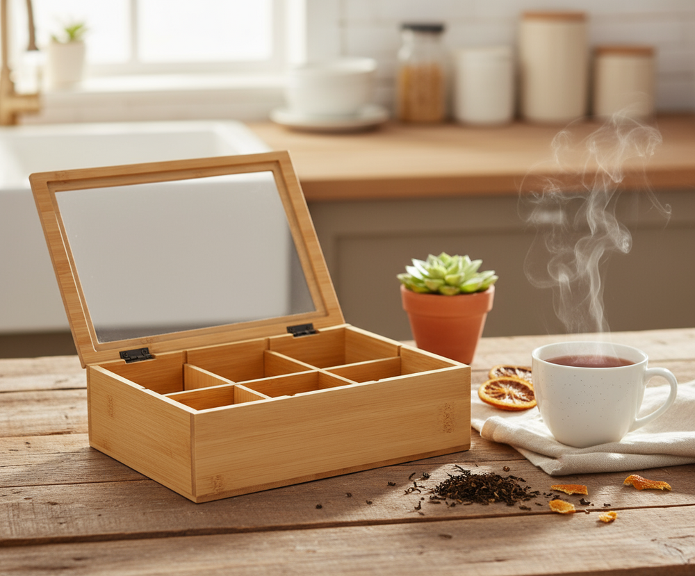 Cookinglife Theedoos - Theekist - Bamboe - 6 vakken - 24 x 16 x 7 cm