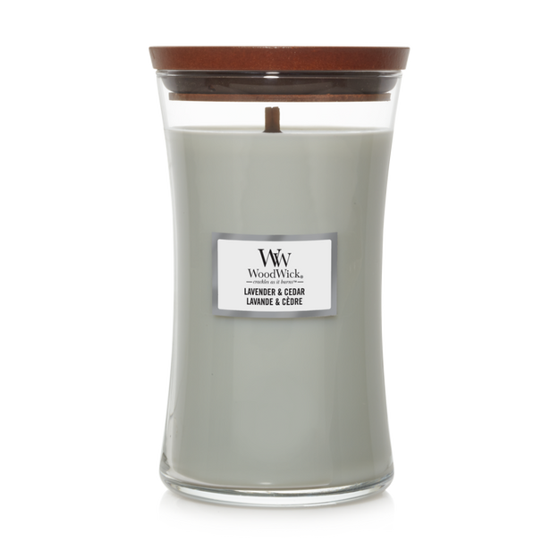 WoodWick Geurkaars Large Lavender & Cedar - 18 cm / ø 10 cm - Geurkaars in Glas - Houten Lont