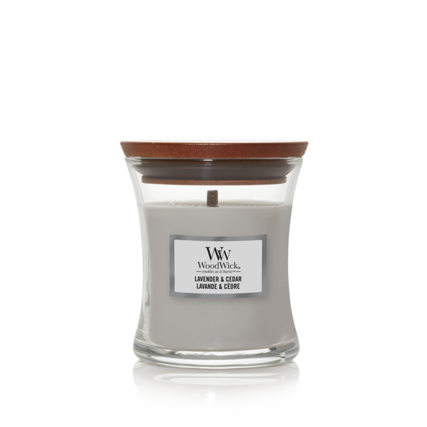 WoodWick Geurkaars Mini Lavender & Cedar - 8 cm / ø 7 cm - Geurkaars in Glas - Houten Lont