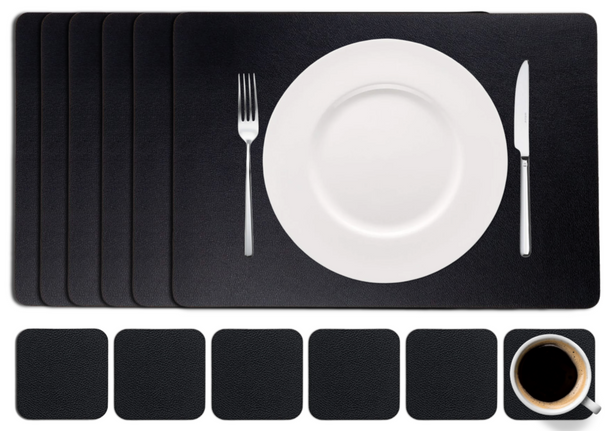 Cookinglife 6 Placemats + 6 Onderzetters - Vegan leer - Zwart