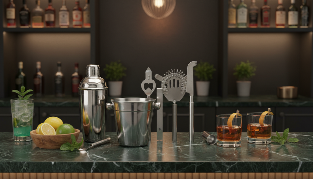 Cookinglife Barset RVS 6-Delig - Cocktailshaker, Ijsemmer, Zeef, Flesopener, Tang en Mes
