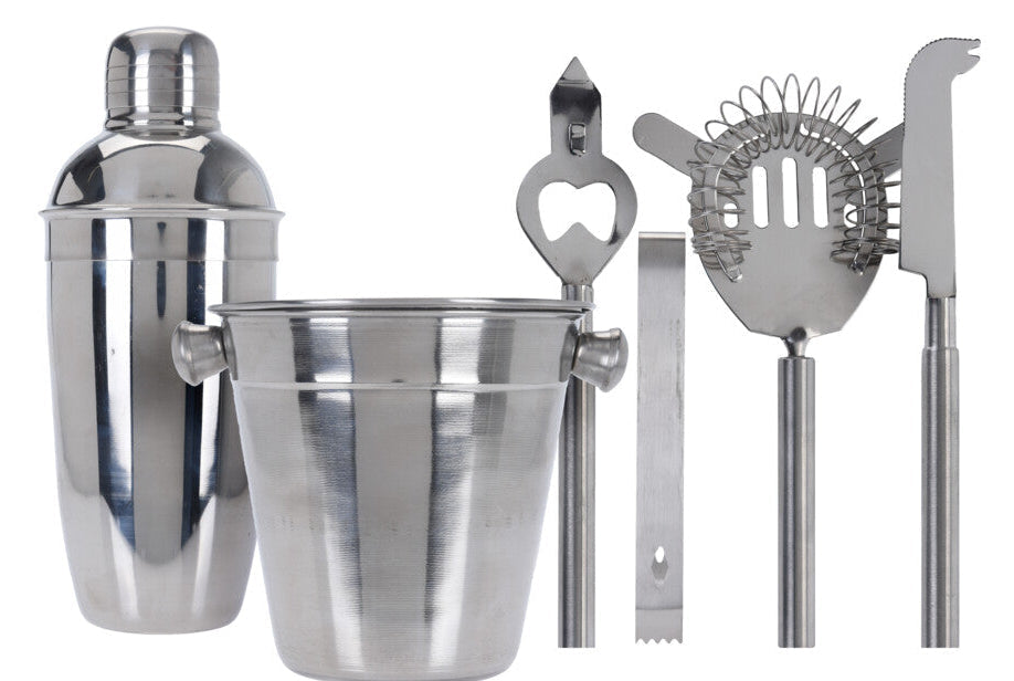 Cookinglife Barset RVS 6-Delig - Cocktailshaker, Ijsemmer, Zeef, Flesopener, Tang en Mes