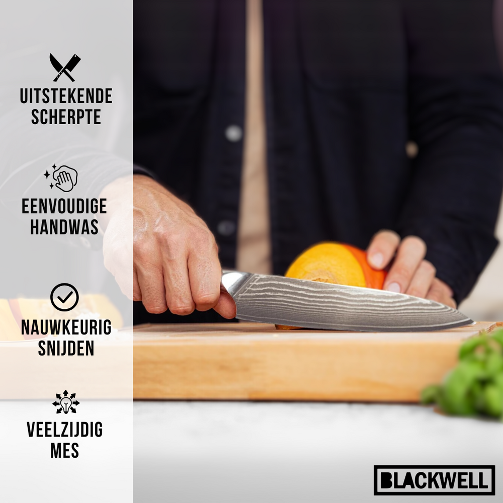 Blackwell Messenset (Koksmes + Santokumes + Nakirimes + Officemes) - Japanse stijl - 67 lagen damaststaal - VG10 - 4-delig