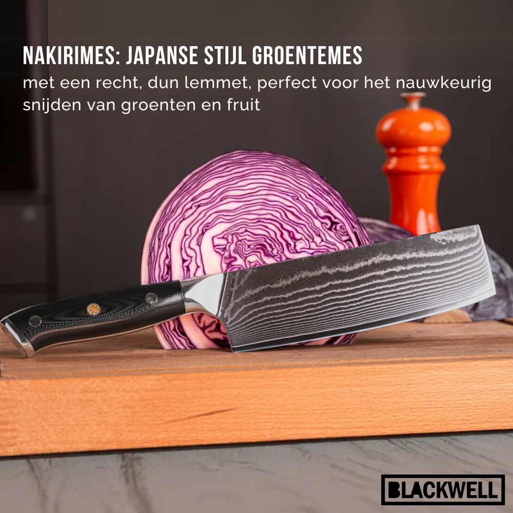 Blackwell Messenset (Koksmes + Santokumes + Nakirimes + Officemes) - Japanse stijl - 67 lagen damaststaal - VG10 - 4-delig