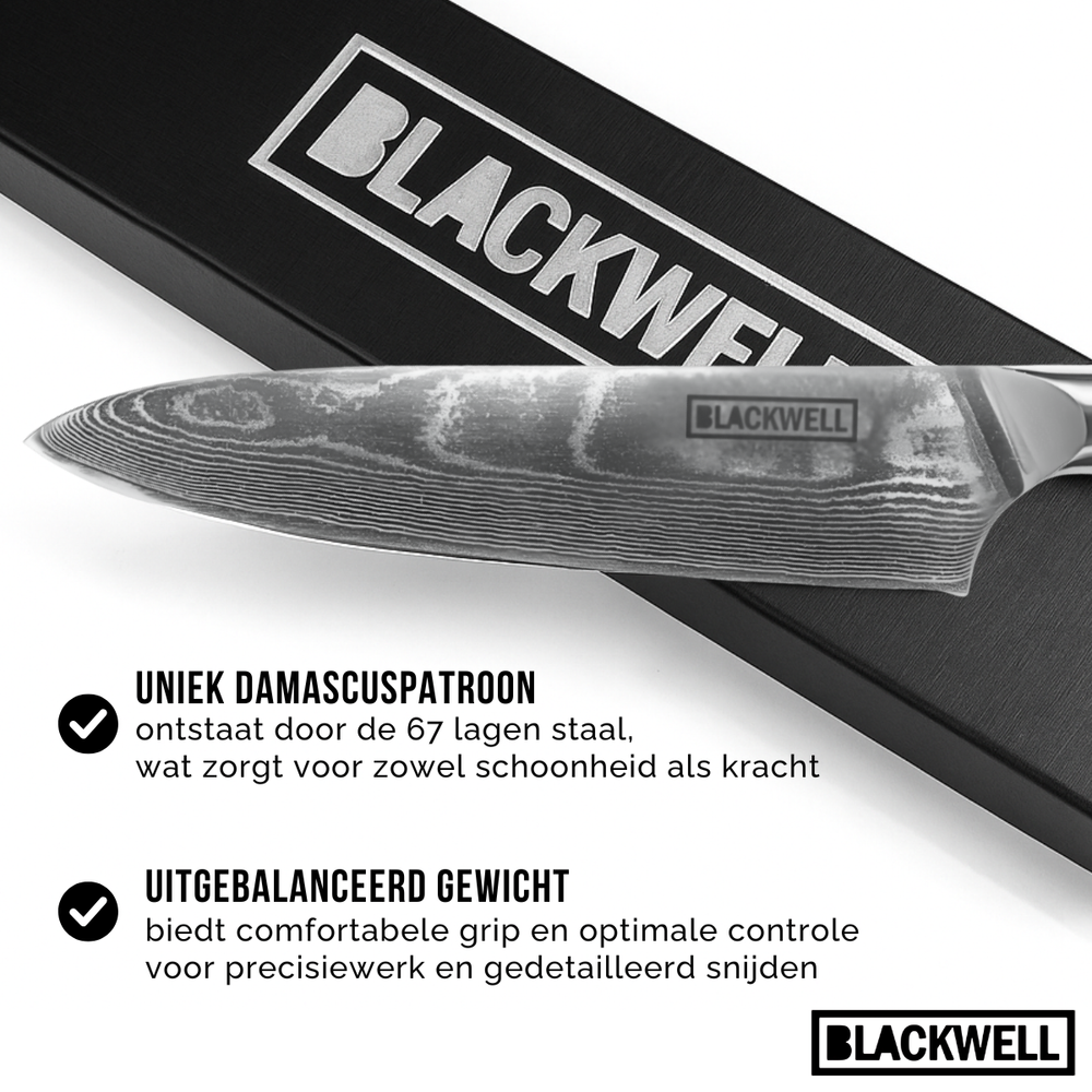 Set de cuchillos Blackwell (Cuchillo de chef + Cuchillo para verduras / Nakiri) - Estilo japonés - Acero damasco de 67 capas - VG10 - 2 piezas