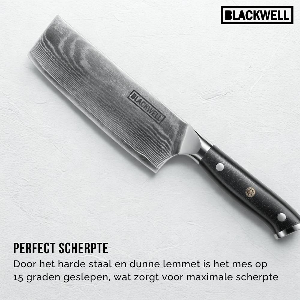 Set de cuchillos Blackwell (Cuchillo de chef + Cuchillo para verduras / Nakiri) - Estilo japonés - Acero damasco de 67 capas - VG10 - 2 piezas