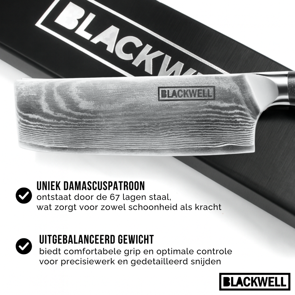 Blackwell Messenset (Koksmes + Santokumes + Nakirimes + Officemes) - Japanse stijl - 67 lagen damaststaal - VG10 - 4-delig
