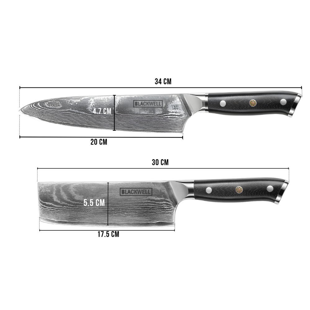 Set de cuchillos Blackwell (Cuchillo de chef + Cuchillo para verduras / Nakiri) - Estilo japonés - Acero damasco de 67 capas - VG10 - 2 piezas
