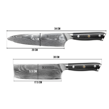 Set de cuchillos Blackwell (Cuchillo de chef + Cuchillo para verduras / Nakiri) - Estilo japonés - Acero damasco de 67 capas - VG10 - 2 piezas