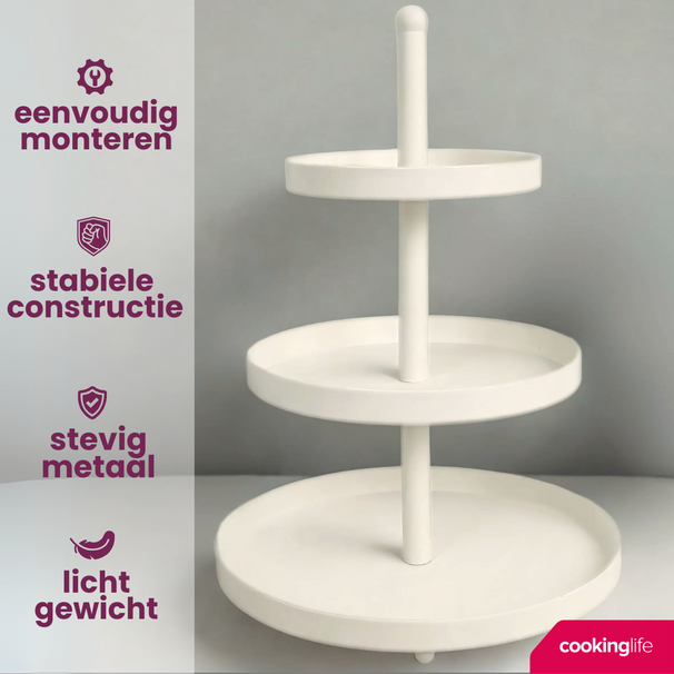 Cookinglife Etagère metaal creme ø 15, 20 & 25 cm - 3-laags - 35 cm hoog