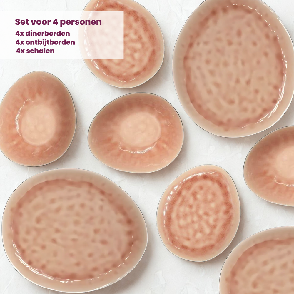Cosy & Trendy Serviesset Organic Laguna Old Rose 12-delig / 4 personen - 4 dinerborden, 4 ontbijtborden en 4 schalen