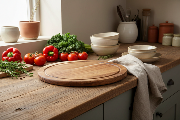 Tabla de Cortar de Madera Acacia Pure Wood Ø 30 cm Cookinglife - Tabla Redonda para Cortar con Canal para Jugo