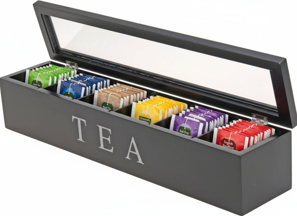Cookinglife Theedoos - Theekist - Zwart - 6 vakken - 43 x 9  x 8.7 cm