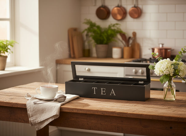 Cookinglife Theedoos - Theekist - Zwart - 6 vakken - 43 x 9  x 8.7 cm