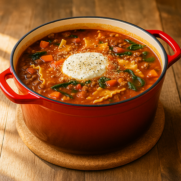 Een verwarmende soep met alle smaken van klassieke lasagne, maar dan makkelijk in een kom.