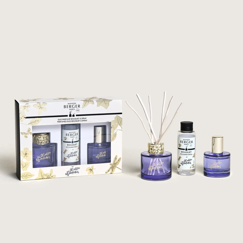 Set de regalo dúo Maison Berger Lolita Lempicka - Varitas aromáticas 80 ml y spray ambiental 50 ml - Púrpura