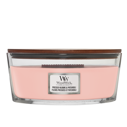 WoodWick Geurkaars Ellipse Pressed Blooms & Patchouli - 9 cm / 19 cm - Geurkaars in Glas - Houten Lont