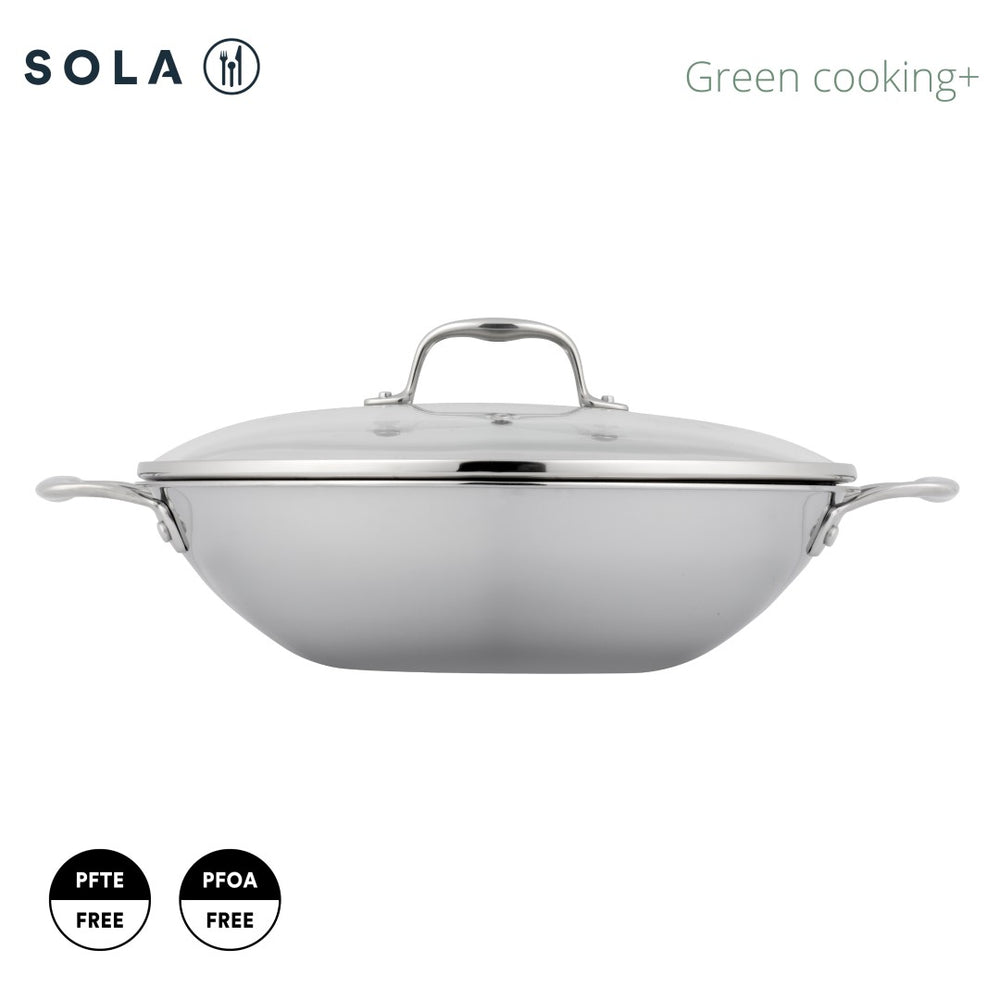 Wok Sola con tapa Green Cooking Triply Acero inoxidable ø 32 cm - apto para todas las fuentes de calor - sin revestimiento antiadherente