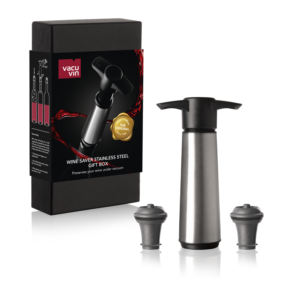Bomba para vino con 2 tapones Vacu Vin - Conservador de vino de acero inoxidable - Plateado