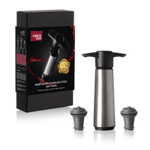Bomba para vino con 2 tapones Vacu Vin - Conservador de vino de acero inoxidable - Plateado