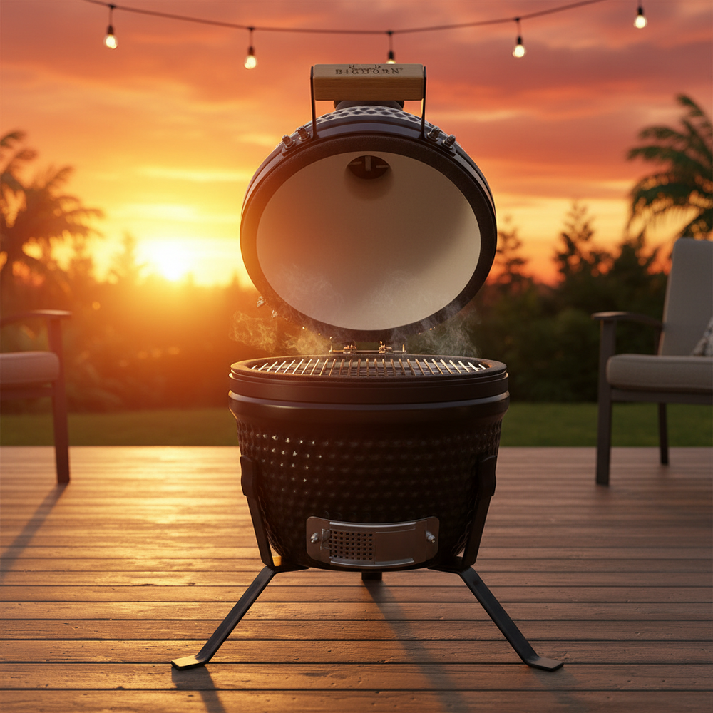 Bighorn Barbecue Kamado Keramiek Mat Zwart - 13 Inch - Houtskool BBQ - Incl. Pizzasteen - 27 cm