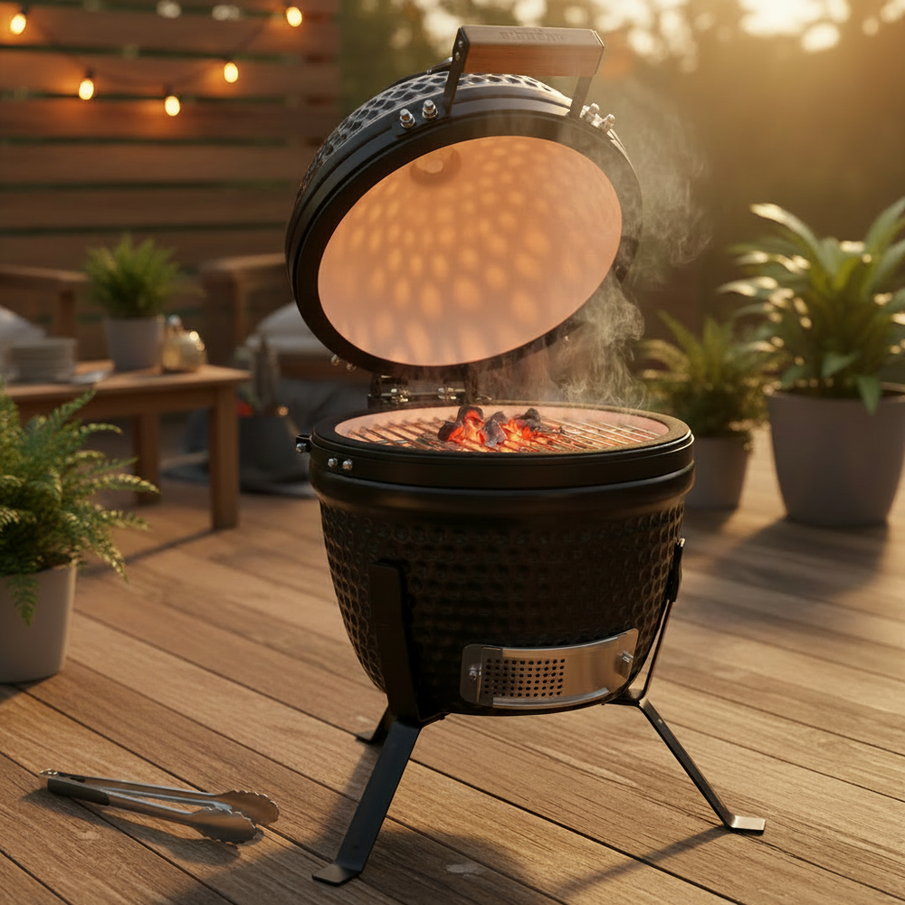 Bighorn Barbecue Kamado Keramiek Mat Zwart - 13 Inch - Houtskool BBQ - Incl. Pizzasteen - 27 cm