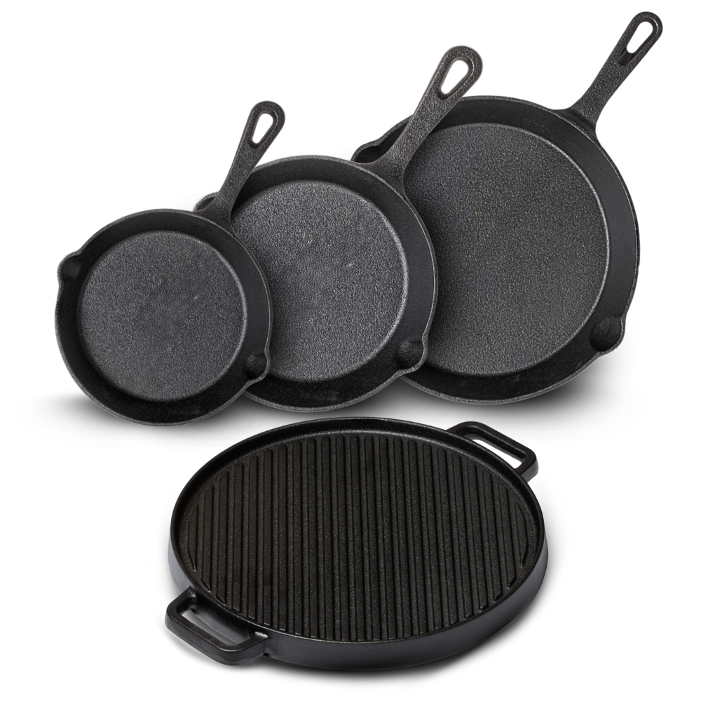 Blackwell Pannenset Gietijzer 4-Delig Koekenpan 16, 20 & 25 cm & Grillplaat ø 30 cm - geschikt voor alle warmtebronnen - zonder anti-aanbaklaag
