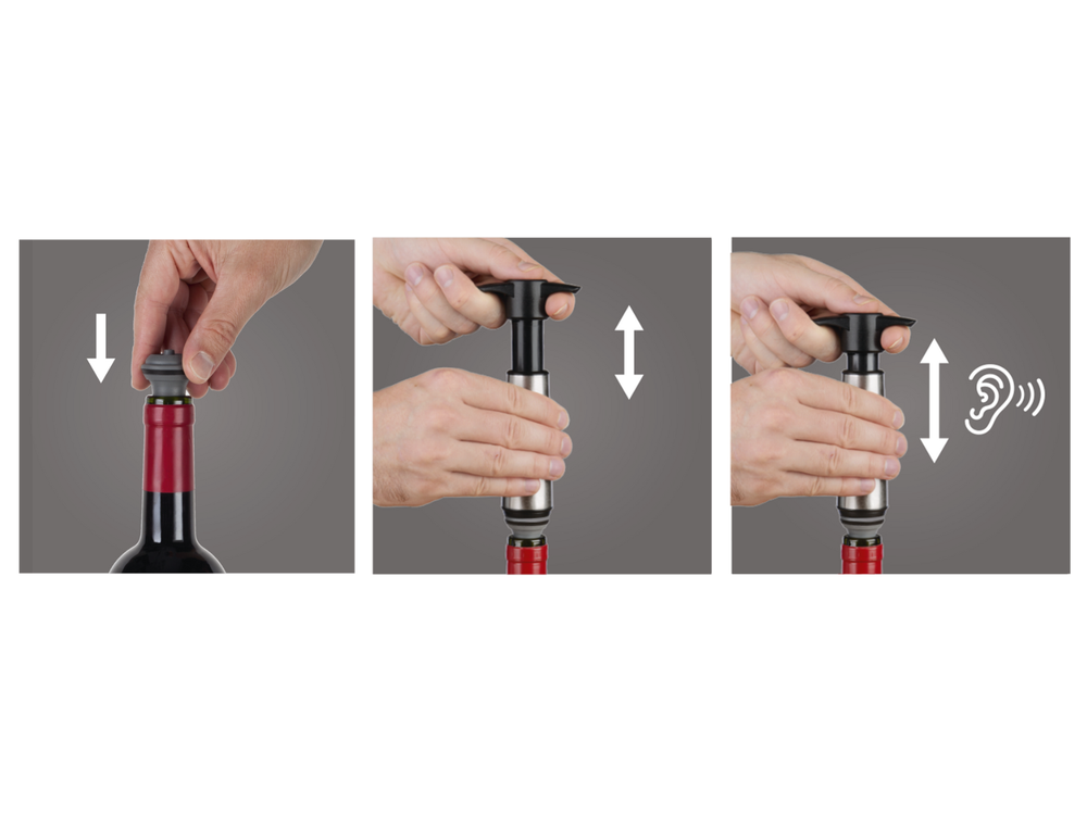 Bomba para vino con 2 tapones Vacu Vin - Conservador de vino de acero inoxidable - Plateado