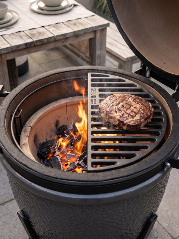 Keij Kamado Parrilla media luna Compacta - Hierro fundido esmaltado - 33 cm - para Kamados de 15 pulgadas - Universal