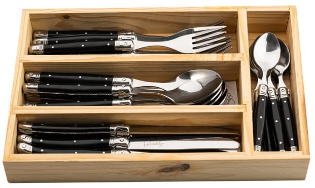 Laguiole Style de Vie Bestekset & Bestekbak - Premium Line - Zwart - 24 delig / 6 personen